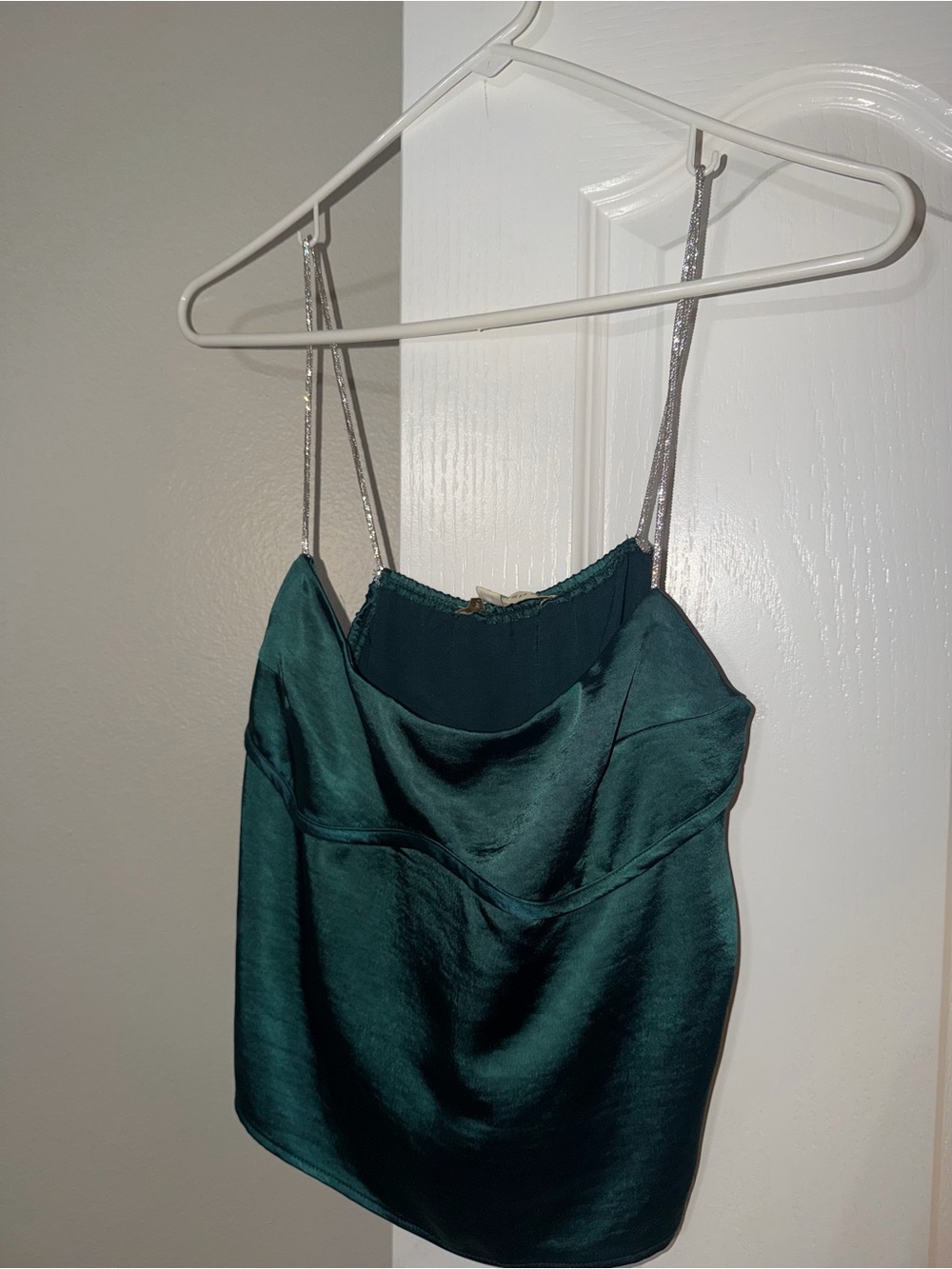Emerald Satin Cowl Neck Tank Top with Silver Rhinestone Straps